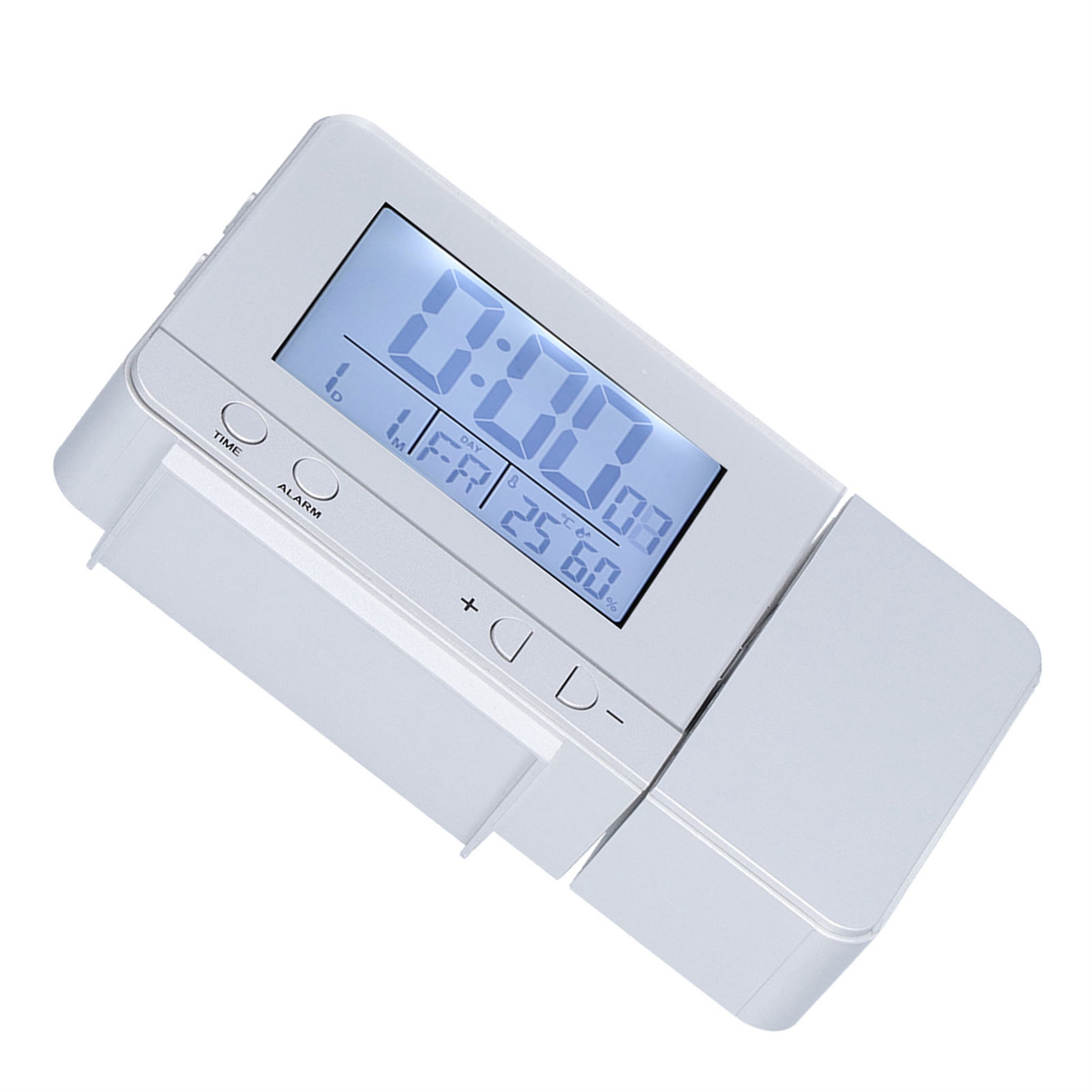 Eine weiße Digitaluhr mit blauem Display. Sie zeigt Zeit und Datum an.