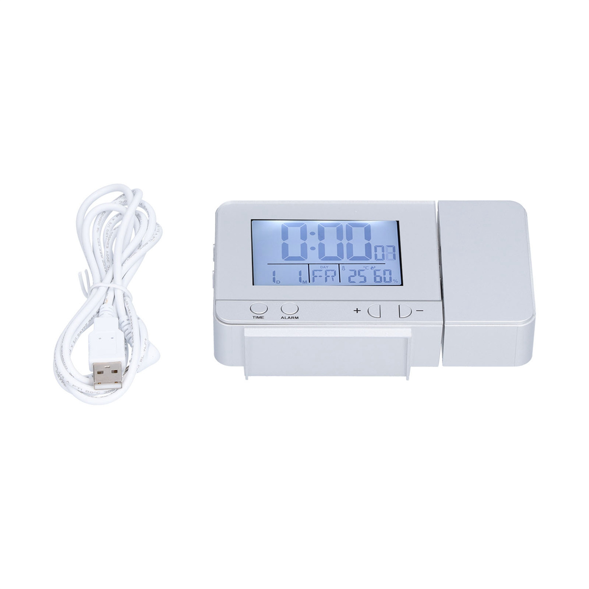 Ein weißer digitaler Wecker mit USB-Kabel. Die Uhr zeigt Zeit, Datum und Temperatur an.