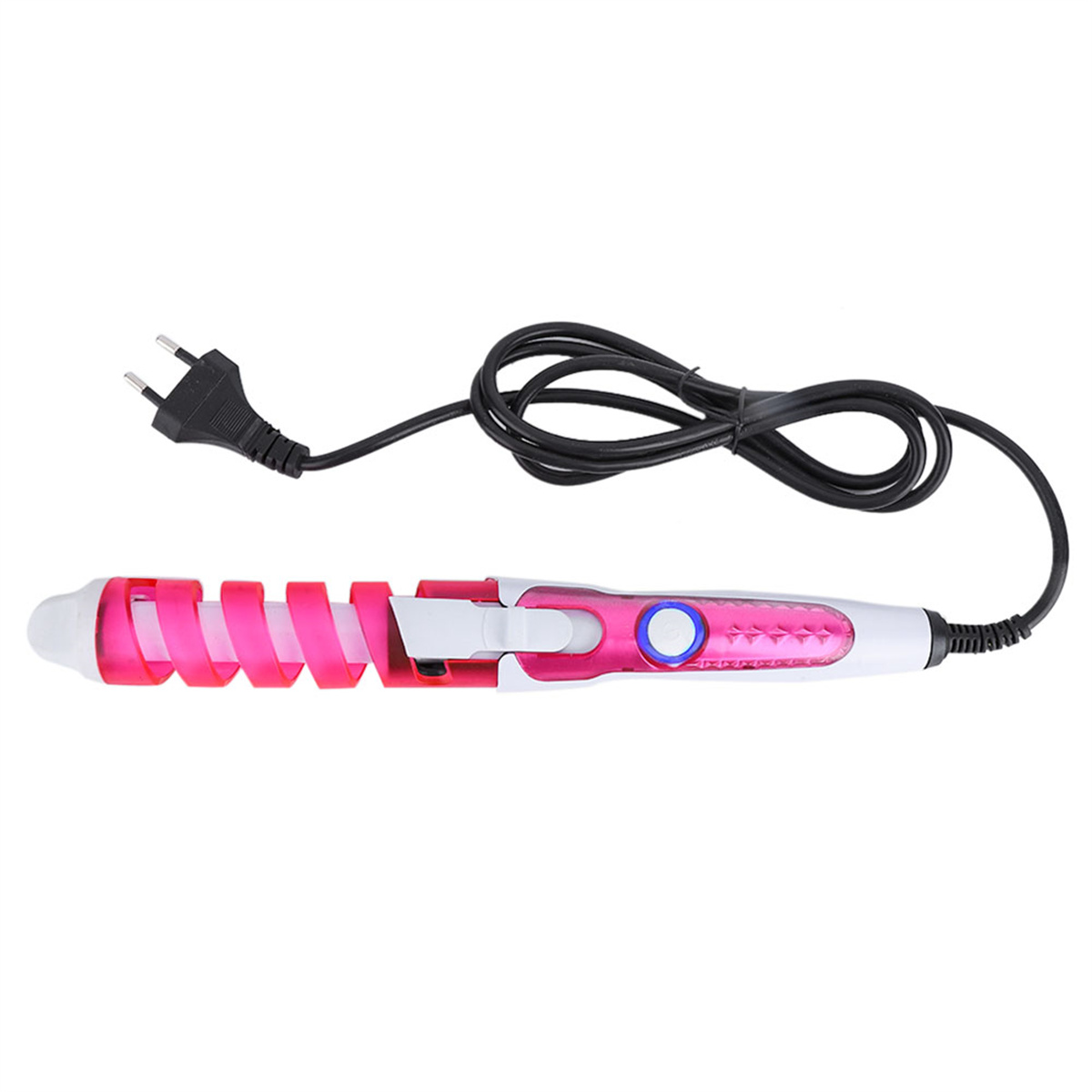 Rosa-weißer Lockenstab mit schwarzem Kabel, isoliert auf weißer Oberfläche.