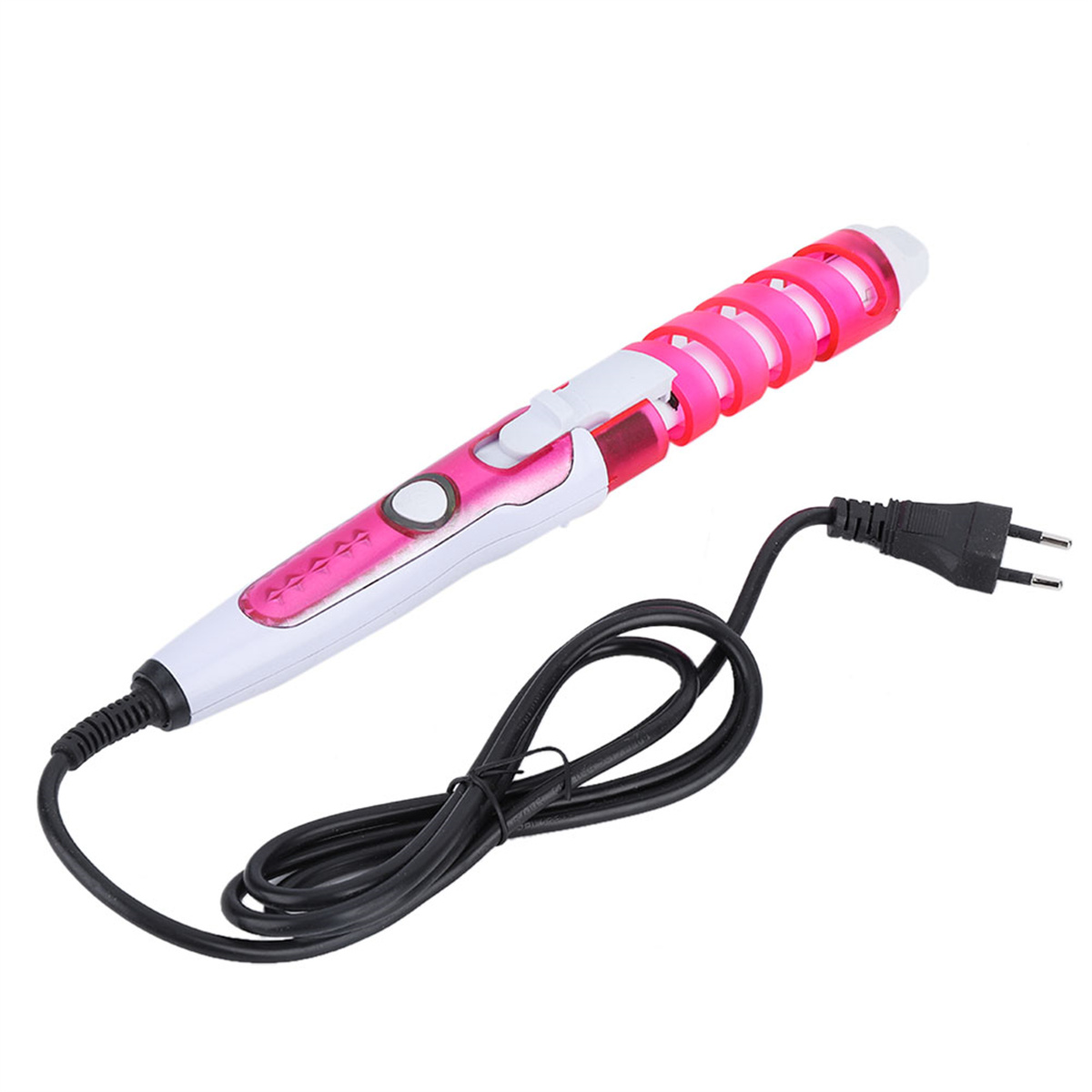 Rosa-weißer Lockenstab mit schwarzem Netzkabel und Stecker. Auf weißer Oberfläche.