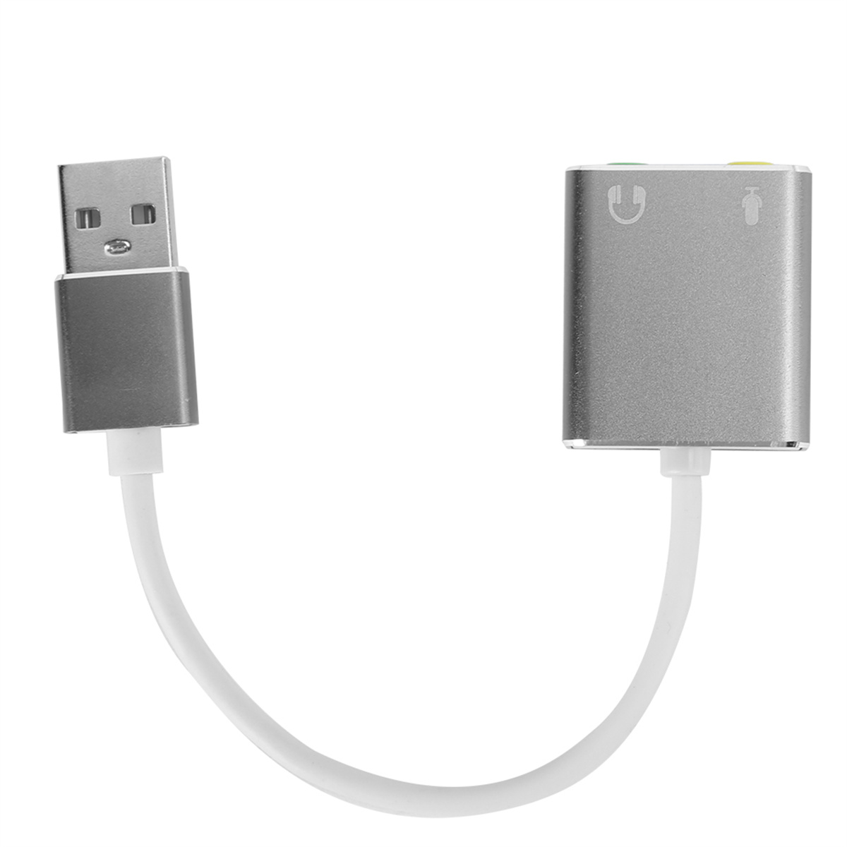 Ein silberner USB-Adapter mit einem weißen Kabel. Der Adapter hat zwei Anschlüsse und befindet sich auf weißem Hintergrund.