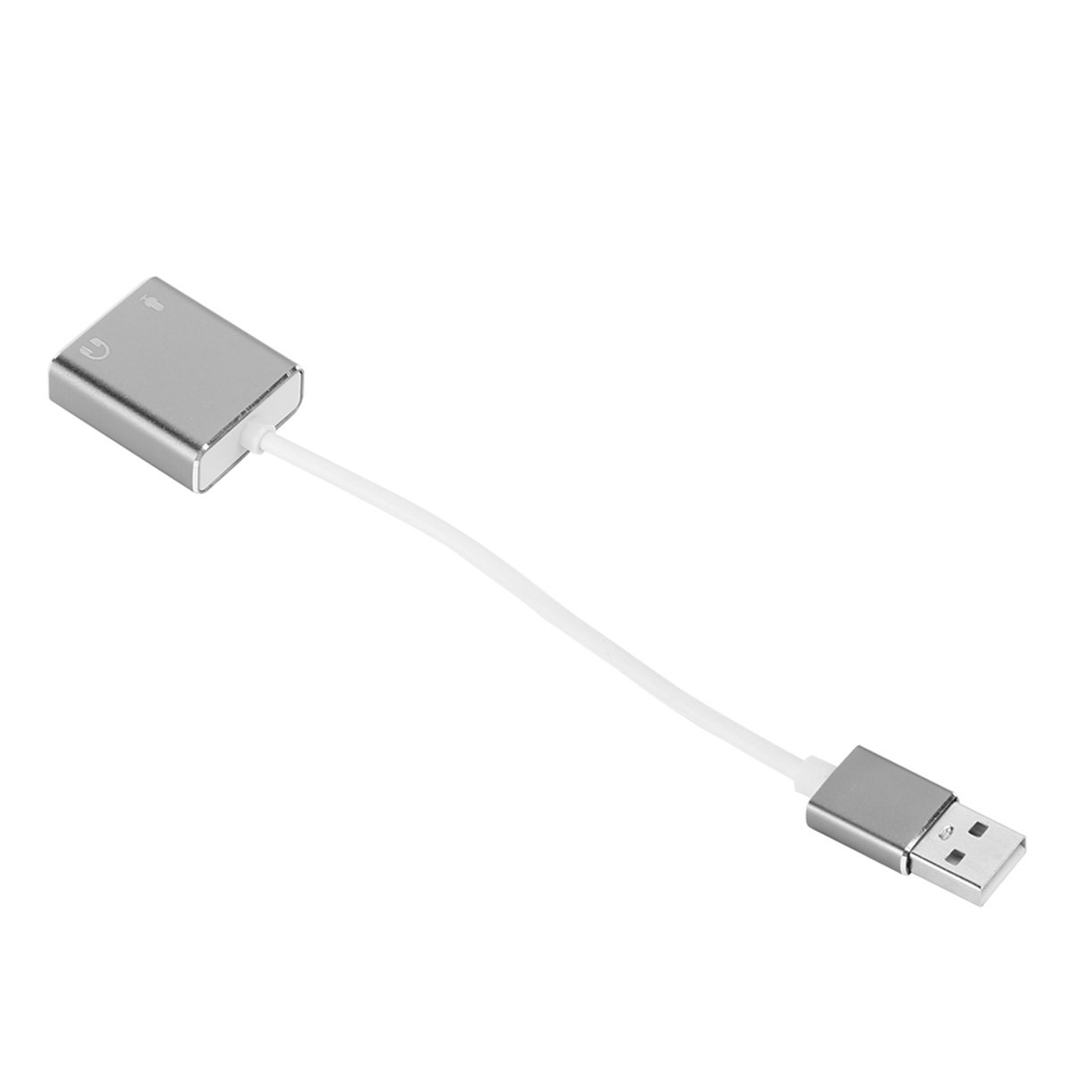 Silberner Adapter mit USB-Anschluss und weißem Kabel.