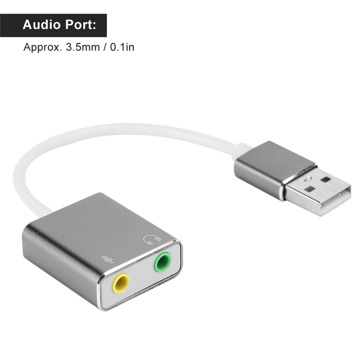 Silbernes USB-zu-3,5-mm-Audioadapterkabel mit USB- und 3,5-mm-Audioeingang/ausgang.