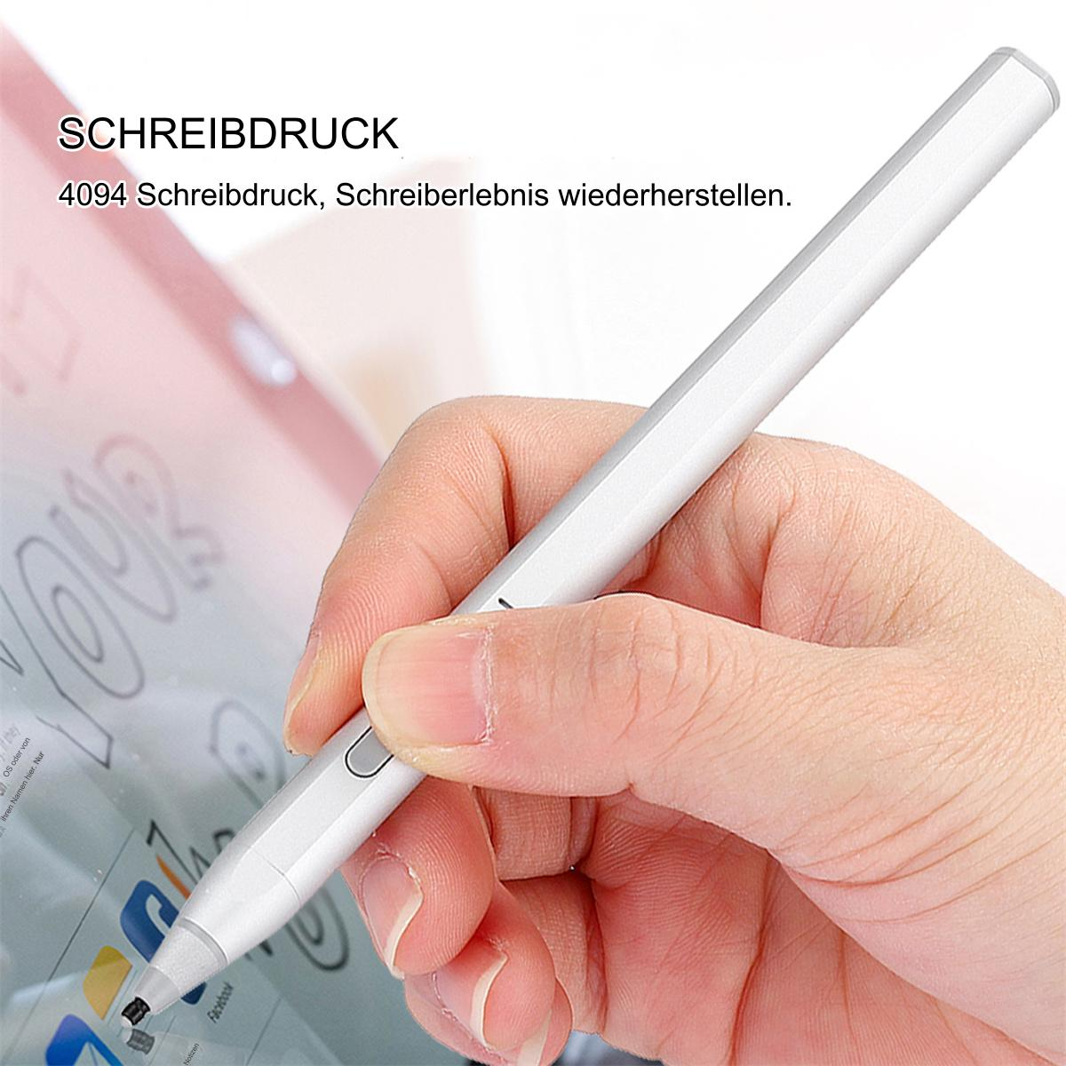 Weißer Stylus-Stift mit silberner Spitze, gehalten von einer Hand über einem Bildschirm, Text auf Deutsch.
