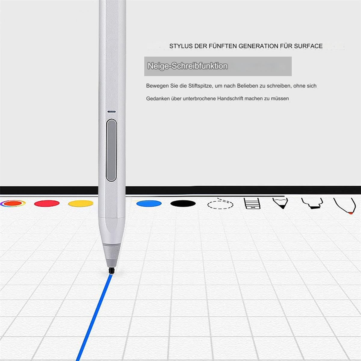 Ein silberner Stylus-Stift auf einer weißen Oberfläche. Er schreibt eine blaue Linie auf ein Raster.