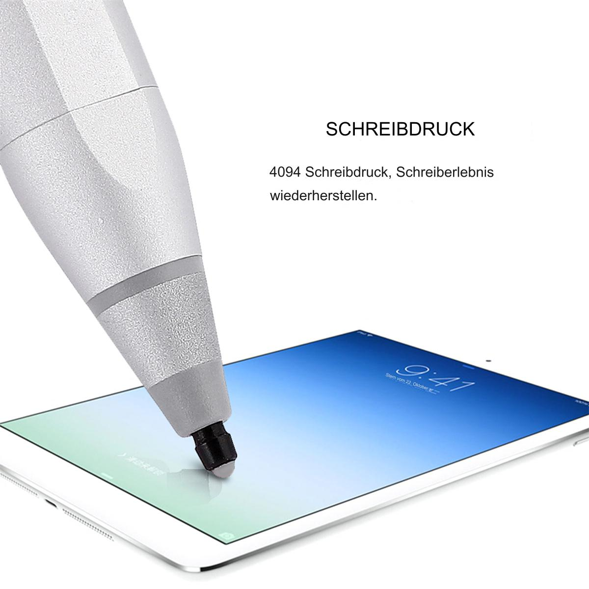 Ein silberner Stift auf einem weißen Tablet. Text erklärt den Schreibdruck.