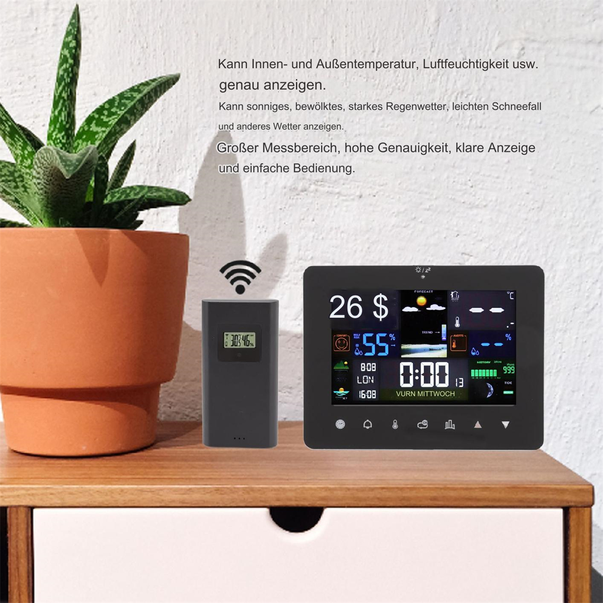 Wetterstation, die Daten und einen drahtlosen Sensor anzeigt.