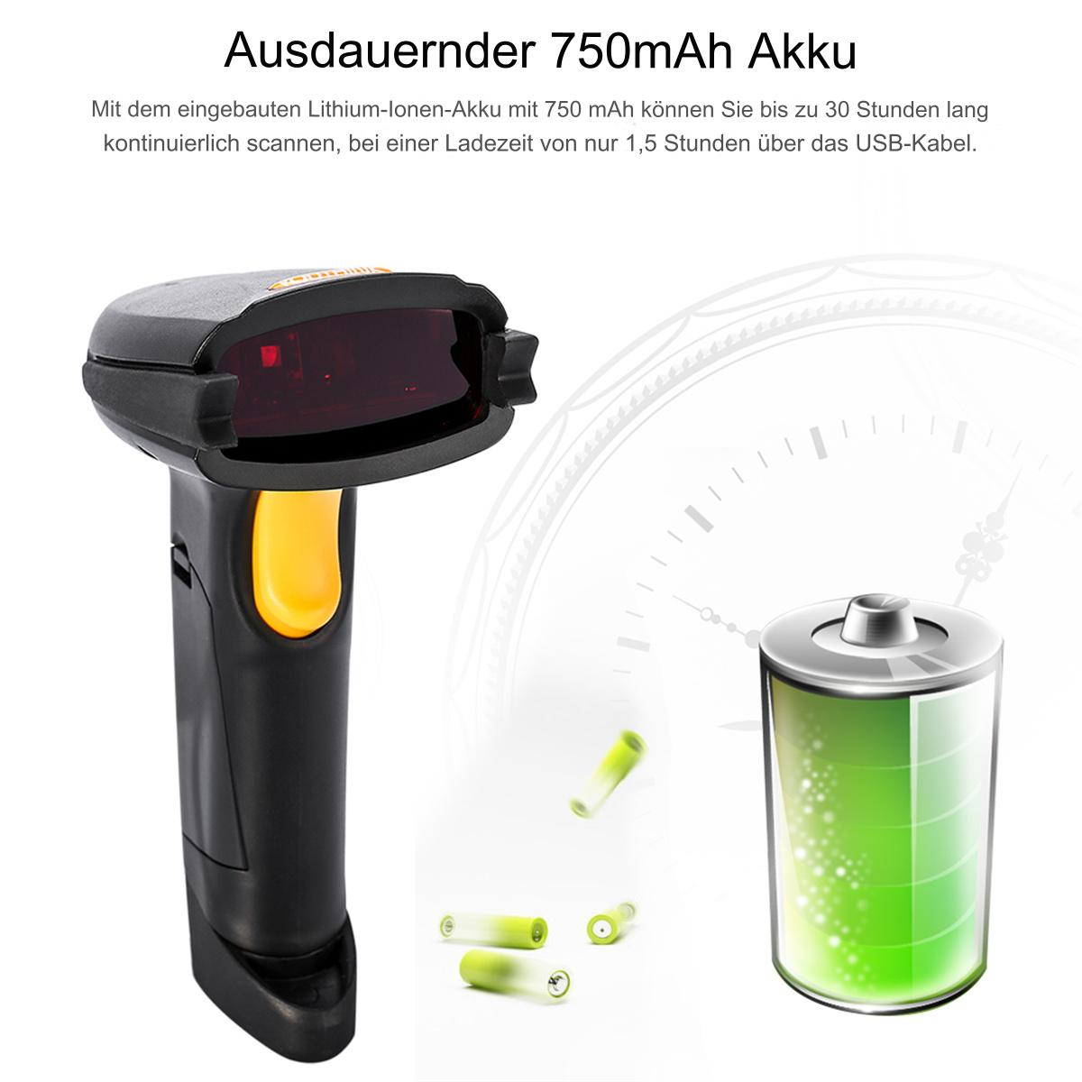 Ein schwarzer Barcodescanner mit gelbem Griff und einem grünen Batteriesymbol.
