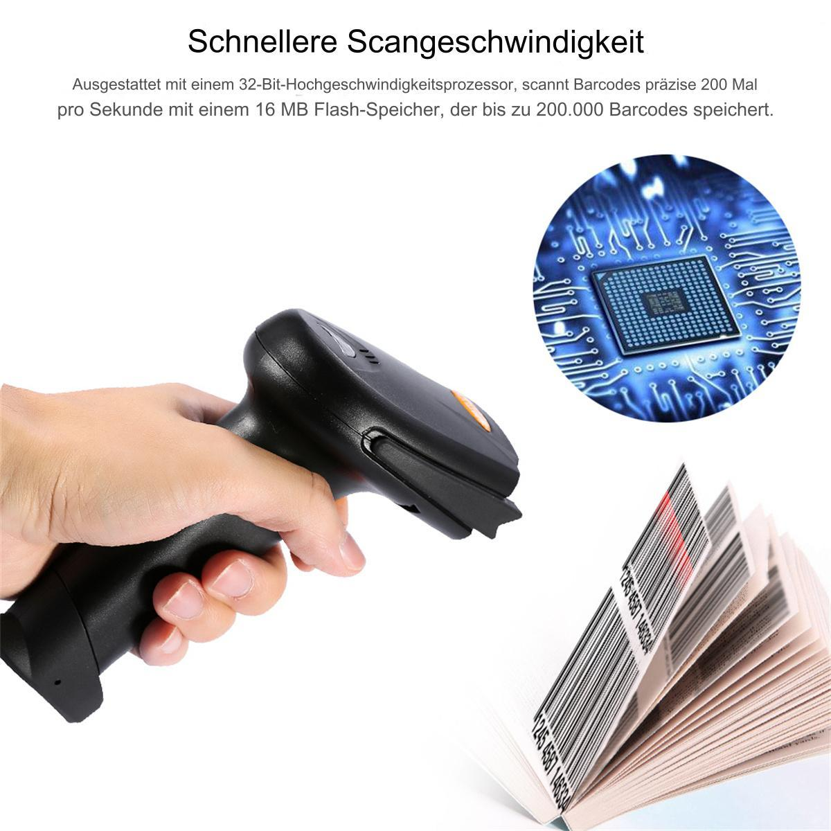 Hand, die einen schwarzen Barcode-Scanner hält und Barcodes auf Papierstapeln scannt. Eine Platine.