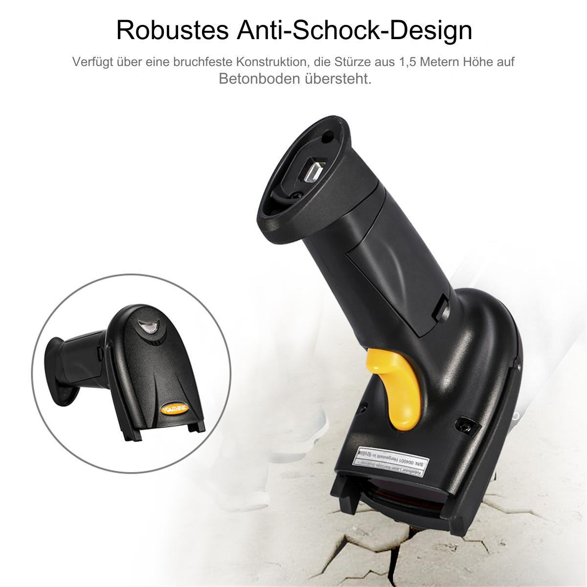 Zwei schwarze Barcodescanner, einer in Gebrauch, mit Text zum Anti-Schock-Design.