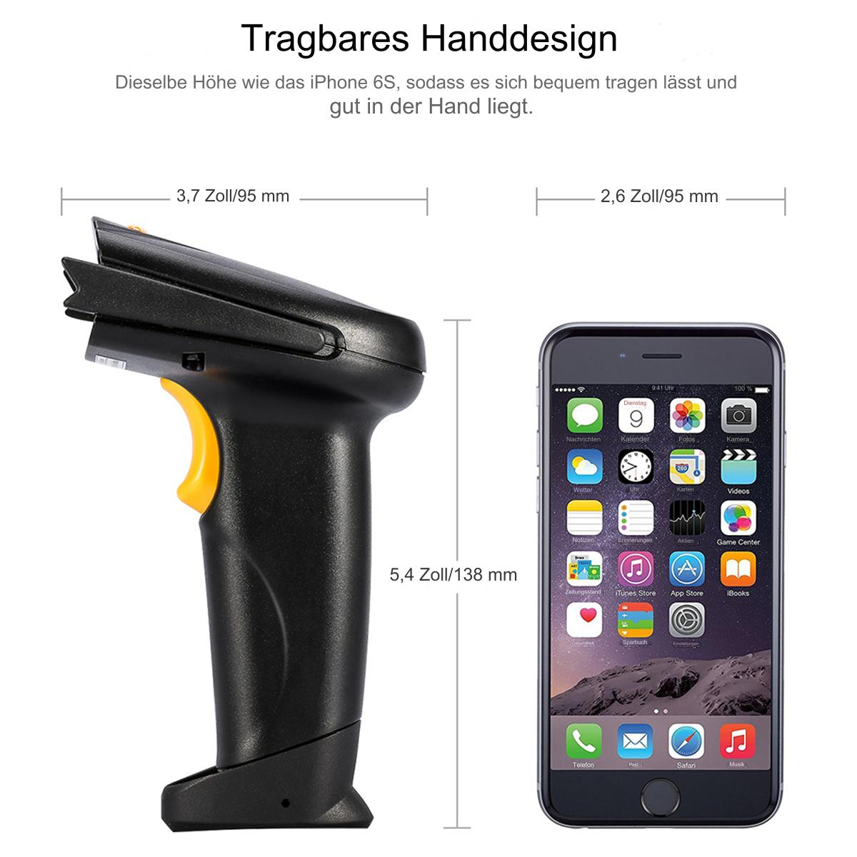 Ein schwarzer und gelber Barcode-Scanner neben einem Telefon. Der Telefonbildschirm zeigt eine App.