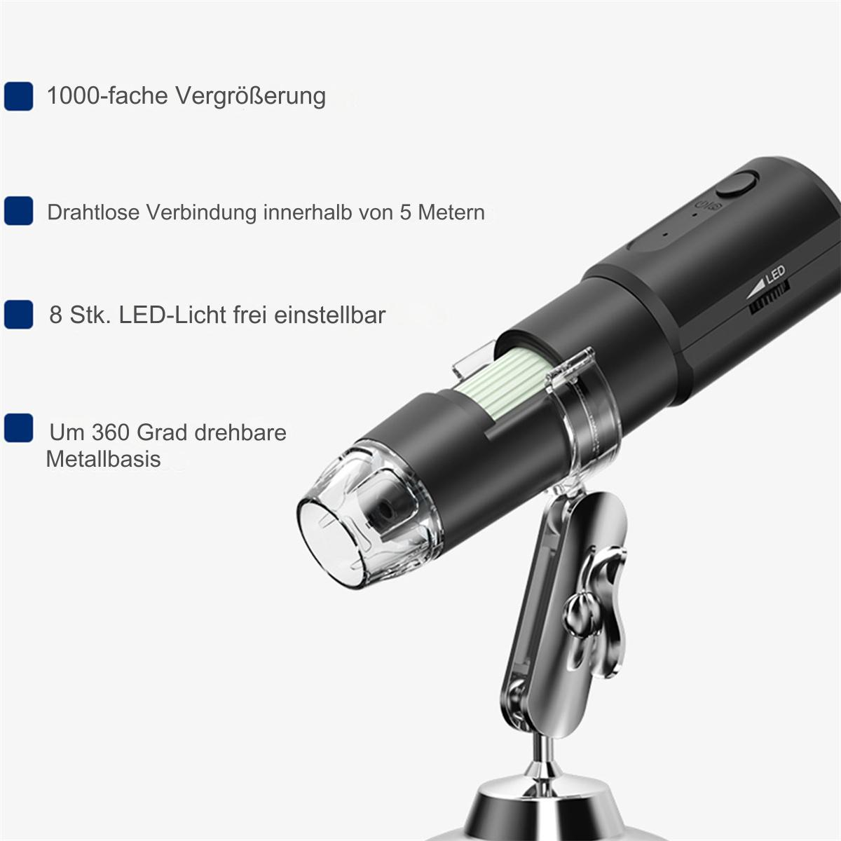 Ein schwarzes Mikroskop mit klarer Basis, abgewinkelt zur Betrachtung. Merkmale: einstellbares Licht und Basis.