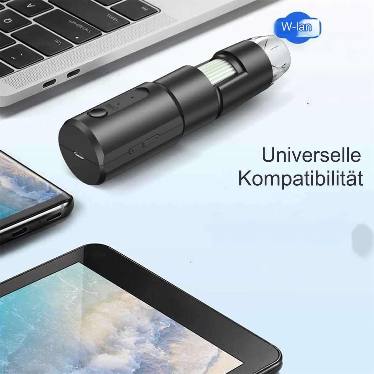 Schwarzes, zylindrisches Gerät mit weißer Spitze, in der Nähe eines Laptops, Tablets und Smartphones. Text: 'Universelle Kompatibilität'.