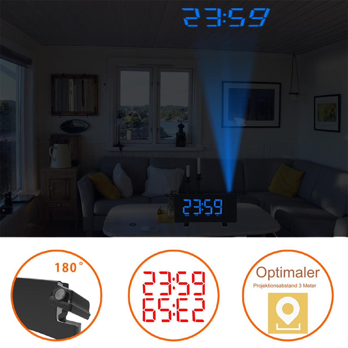 Eine Digitaluhr, die die Uhrzeit 23:59 an eine Wand projiziert. Die Uhr zeigt auch 23:59 an.