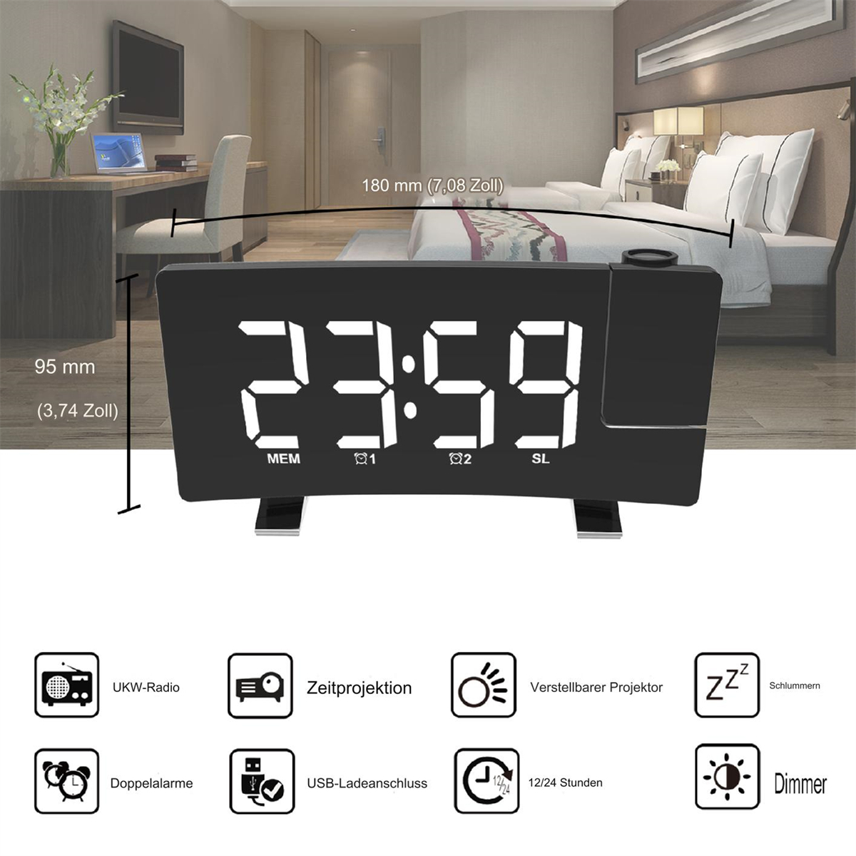 Schwarze Digitaluhr zeigt 23:59. Sie hat Funktionssymbole und befindet sich in einem Schlafzimmer.