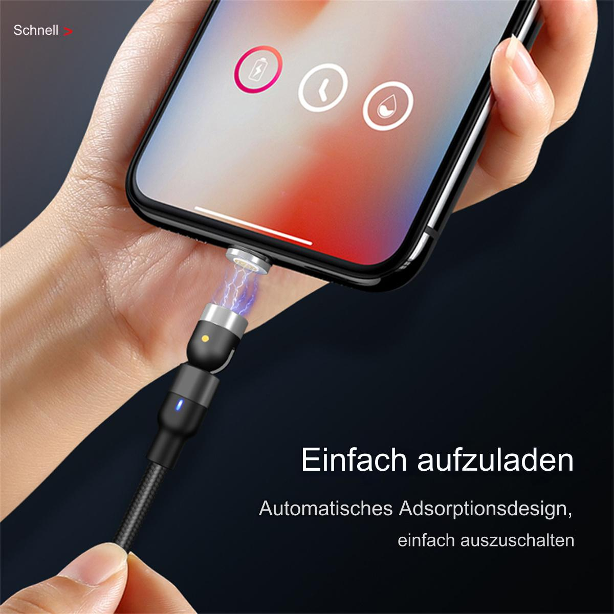 Ein Telefon, das mit einem magnetischen Kabel geladen wird, mit Text: 'Einfach aufladen'.