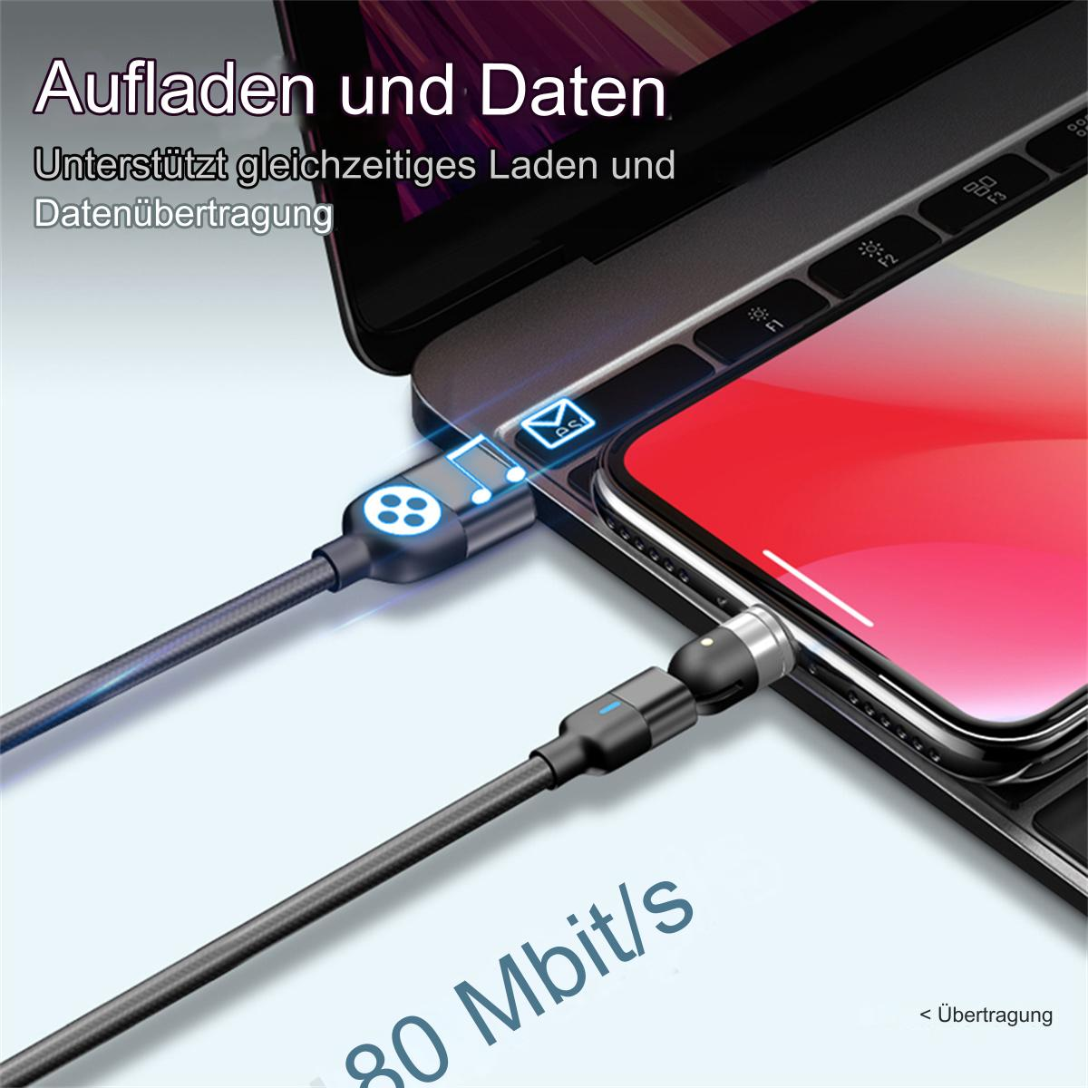 Ladekabel mit Magnetanschluss an Telefon und Laptop, dunkler Hintergrund.