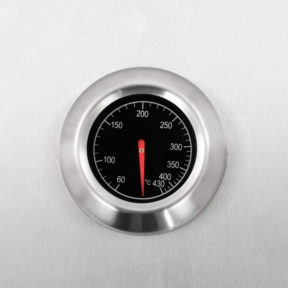 Nahaufnahme eines runden Metallthermometers mit schwarzem Zifferblatt, roter Nadel und Temperaturmarkierungen.