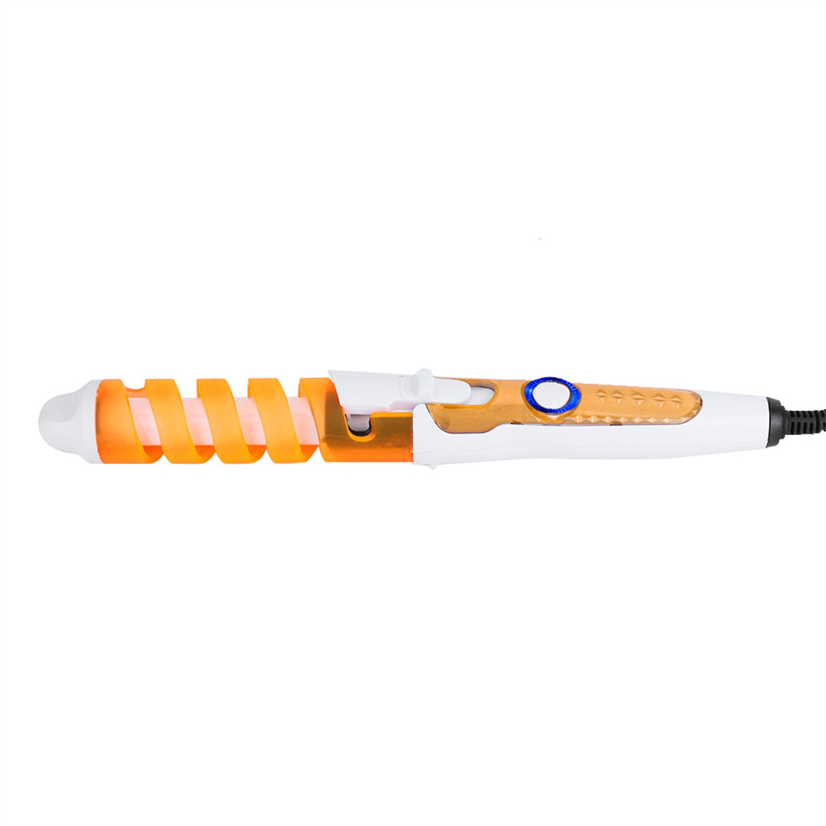 Ein weißes und orangefarbenes Lockenstab mit einem spiralförmigen orangefarbenen Heizelement und einem weißen Griff.