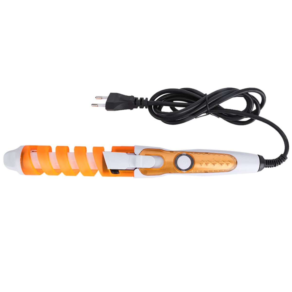 Haarstyler mit orangenen Spiralen und weißem Griff mit schwarzem Netzkabel. Auf weißem Grund.