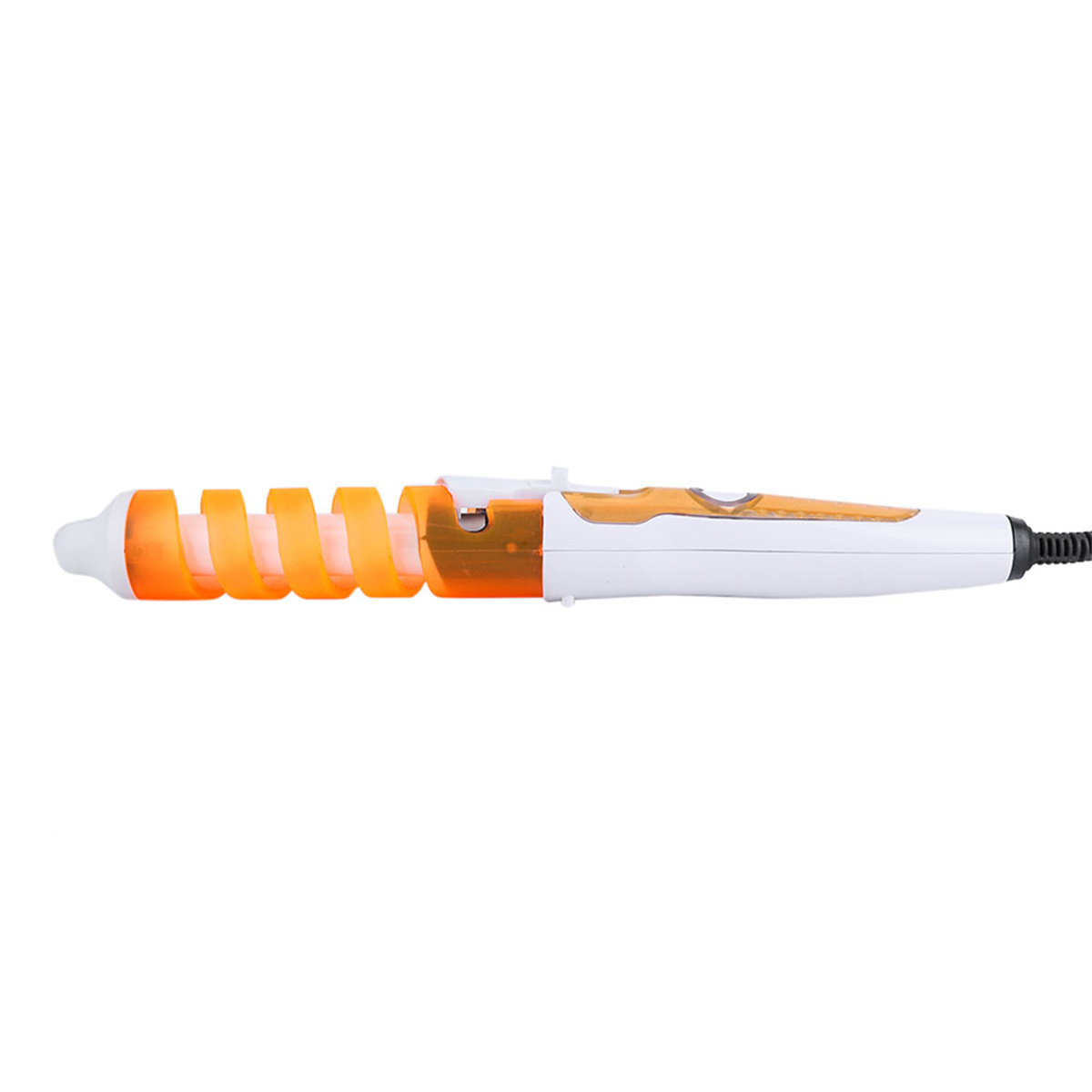 Ein Lockenstab mit weiß-orangem Gehäuse und einem schwarzen Netzkabel.
