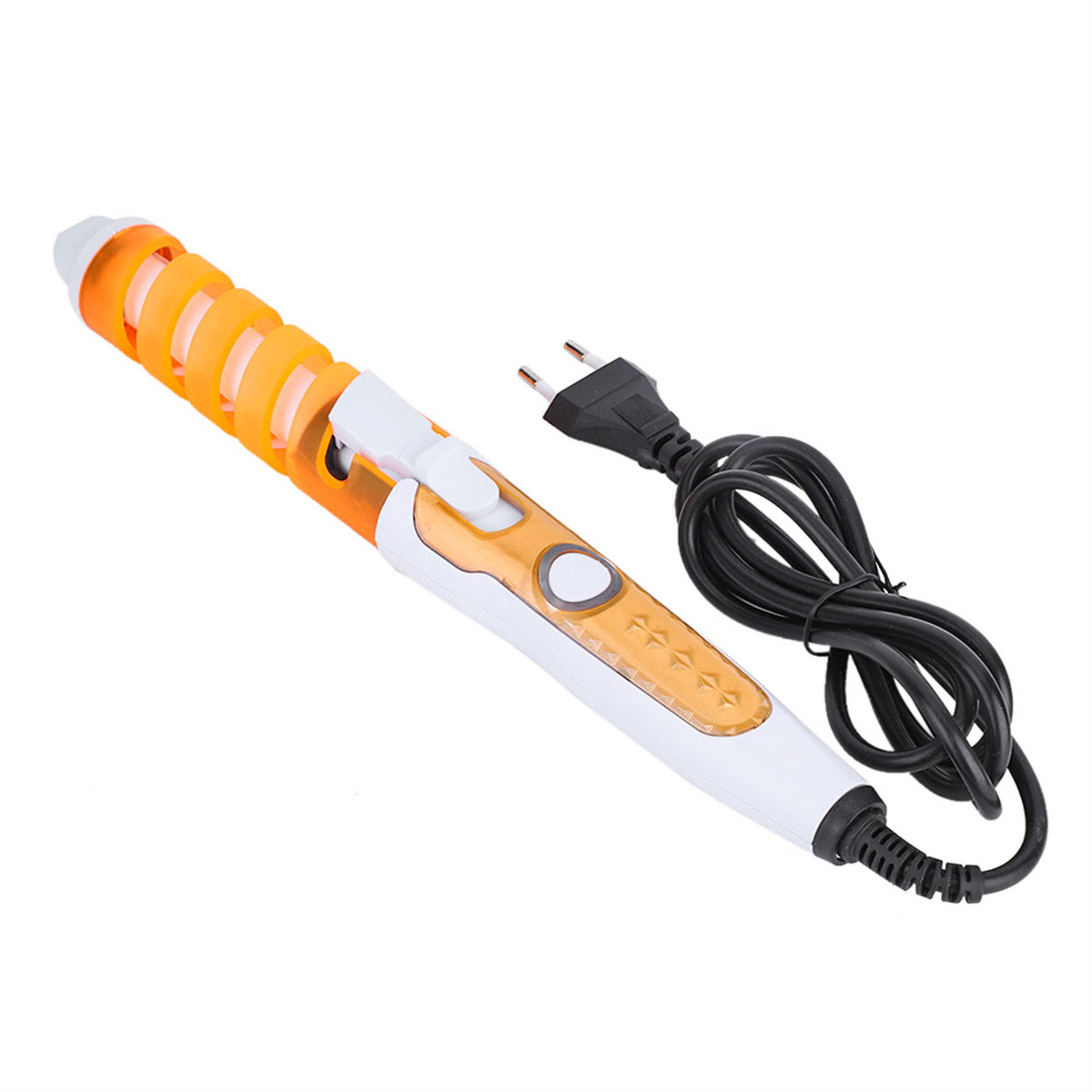 Ein orange-weißes Lockenwickeleisen mit schwarzem Kabel auf weißem Hintergrund.