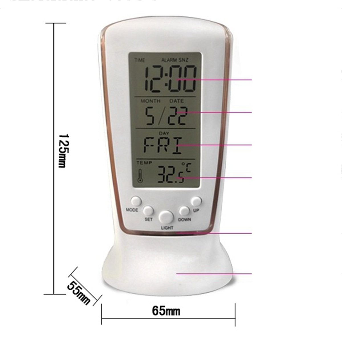 Weißer digitaler Wecker mit Anzeige von Uhrzeit, Datum und Temperatur.