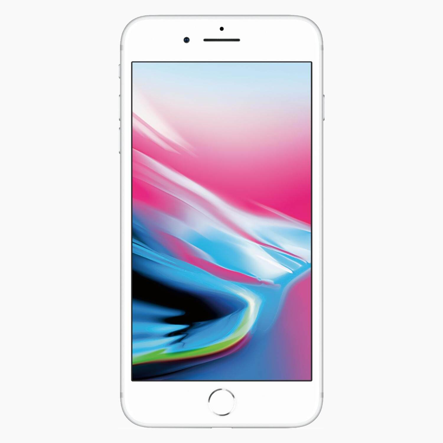 Biały iPhone 8 z ekranem wyświetlającym kolorowe tło, z przyciskiem home.