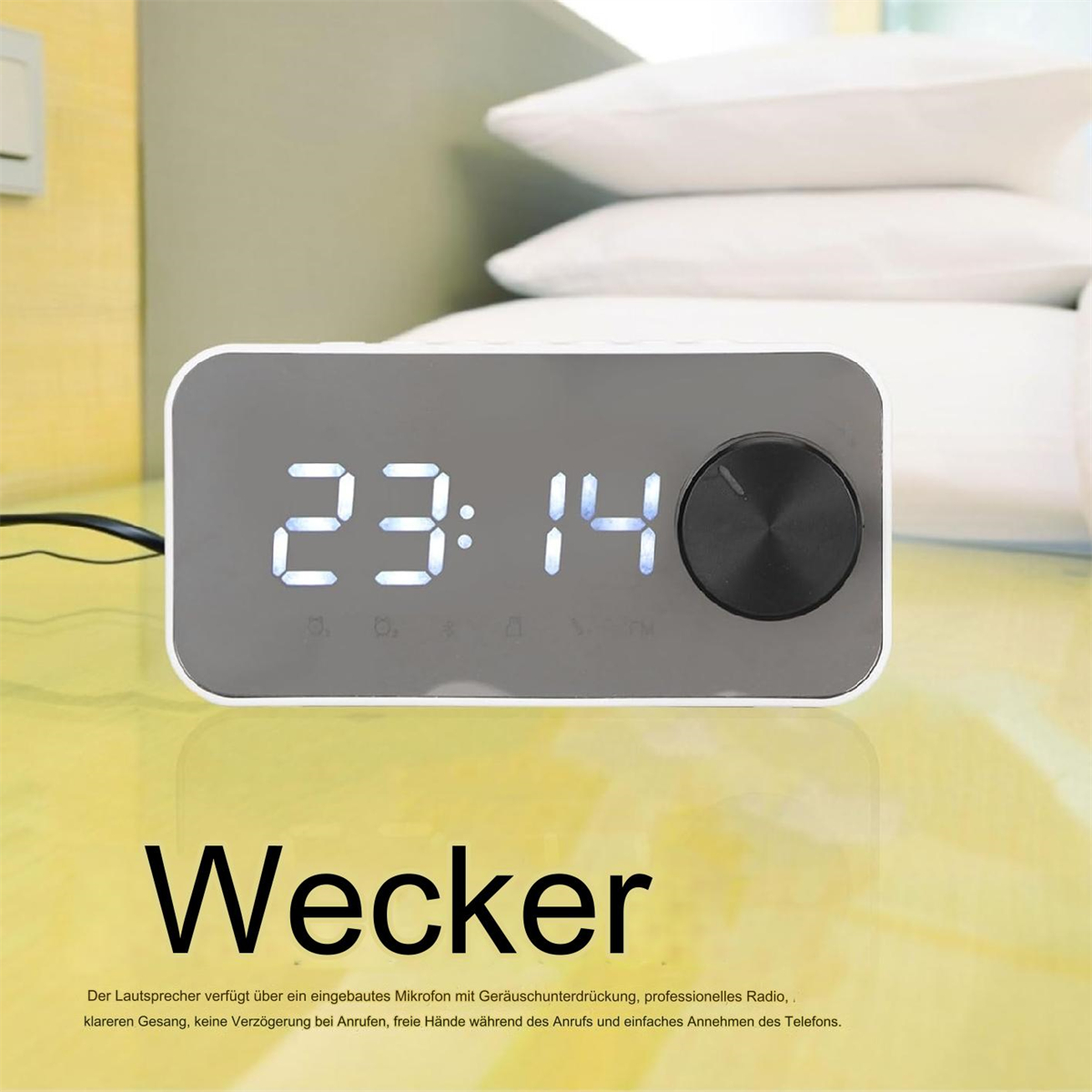Ein digitaler Wecker, der die Uhrzeit anzeigt. Er hat einen Knopf und einen Bildschirm.