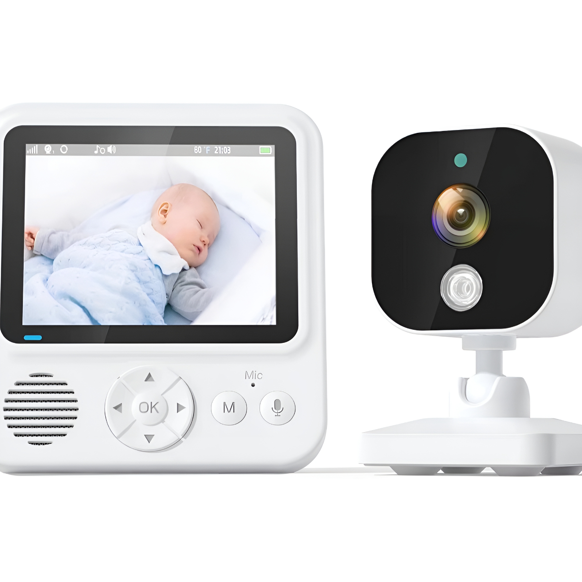 Ein Babyphone mit Bildschirm, der ein schlafendes Baby und eine Kamera zeigt.