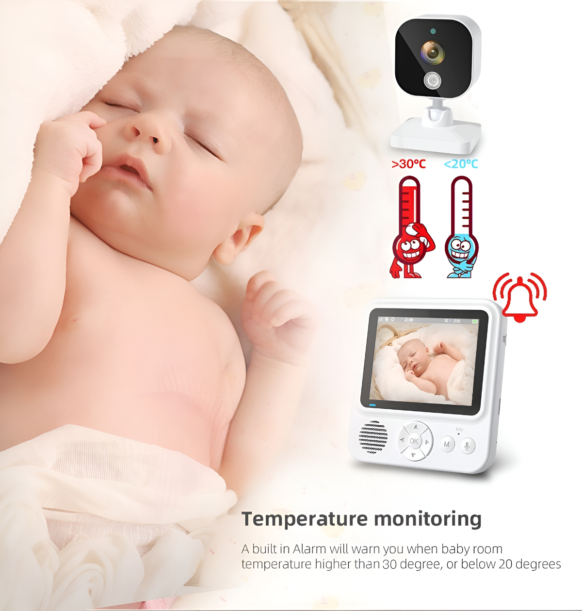 Babyphone mit schlafendem Baby. Temperaturanzeigen und eine rote Glocke sind ebenfalls vorhanden.