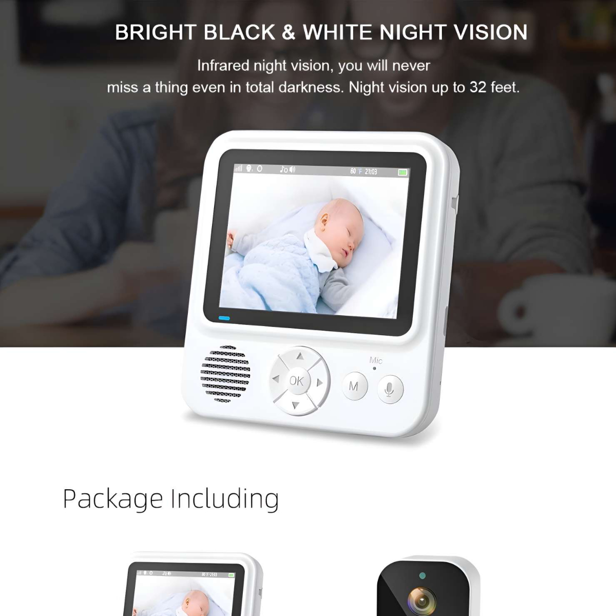 Weißer Babyphone mit Bildschirm, der ein schlafendes Baby zeigt. Text oben. Paket inklusive Artikel unten.