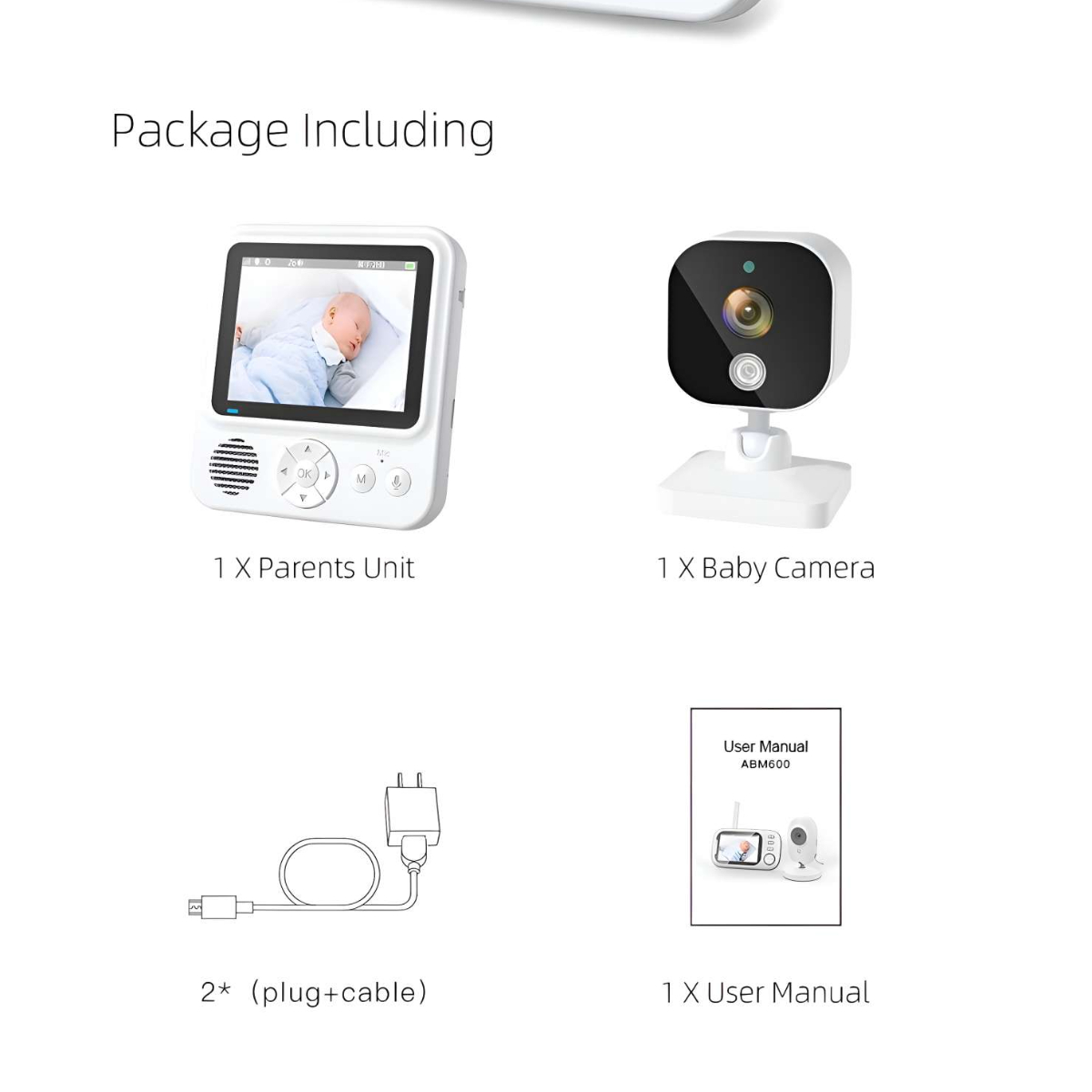 Ein Paket mit einem Babyphone, einer Babykamera, einem Ladegerät und einer Bedienungsanleitung. Alle Artikel sind weiß.