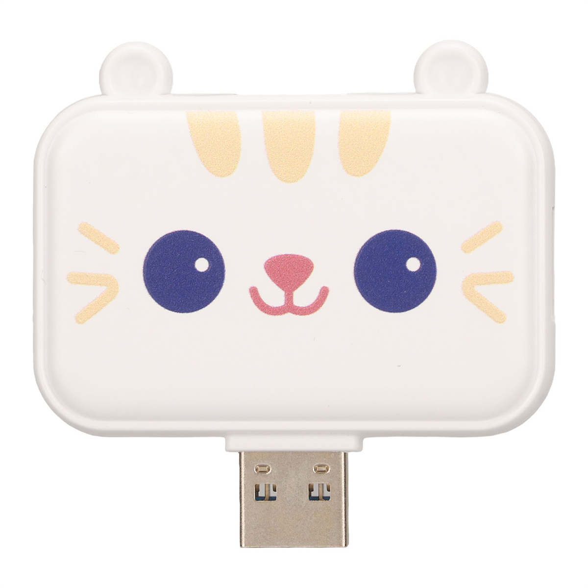 Weißer USB-Stick mit einem Cartoon-Katzen-Gesicht. Es hat blaue Augen, eine rosa Nase und gelbe Schnurrhaare.