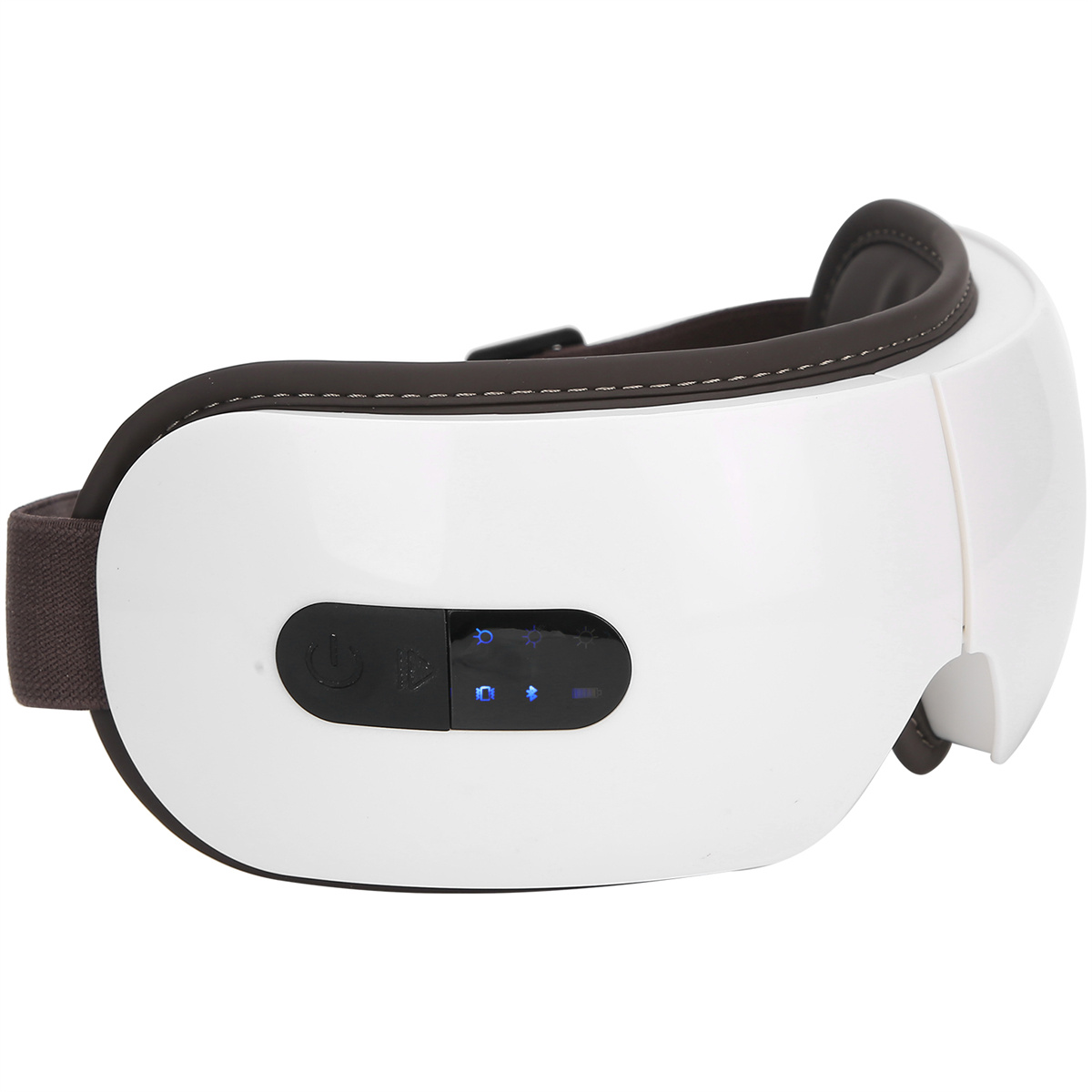 Weißer Augenmassager mit Knöpfen und Lichtern. Der Massager hat ein Kopfband. Es ist weiß und grau.