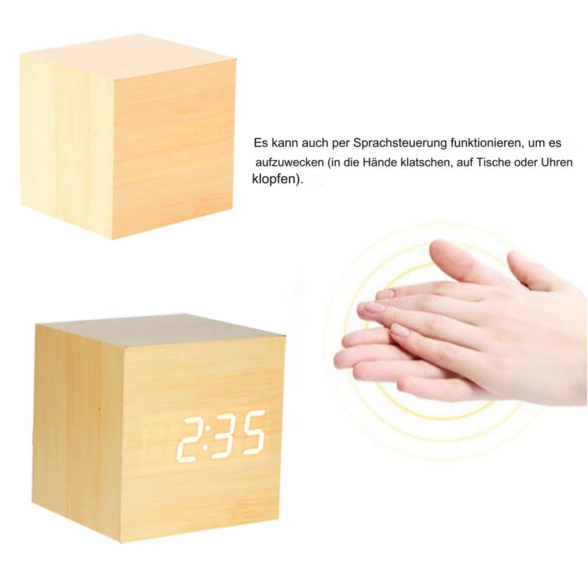 Holzwürfeluhr. Angezeigte Zeit: 2:35. Zusätzlicher Würfel und Hände sichtbar. Weißer Hintergrund.