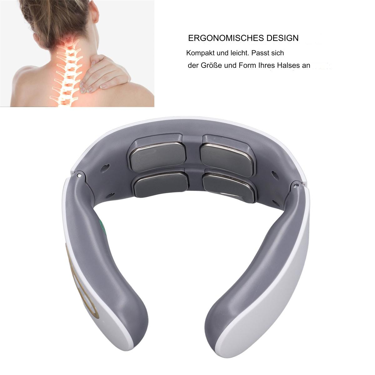 Nackenmassagegerät in Grau und Weiß, ergonomisch geformt, Person berührt Nacken in der Ecke.