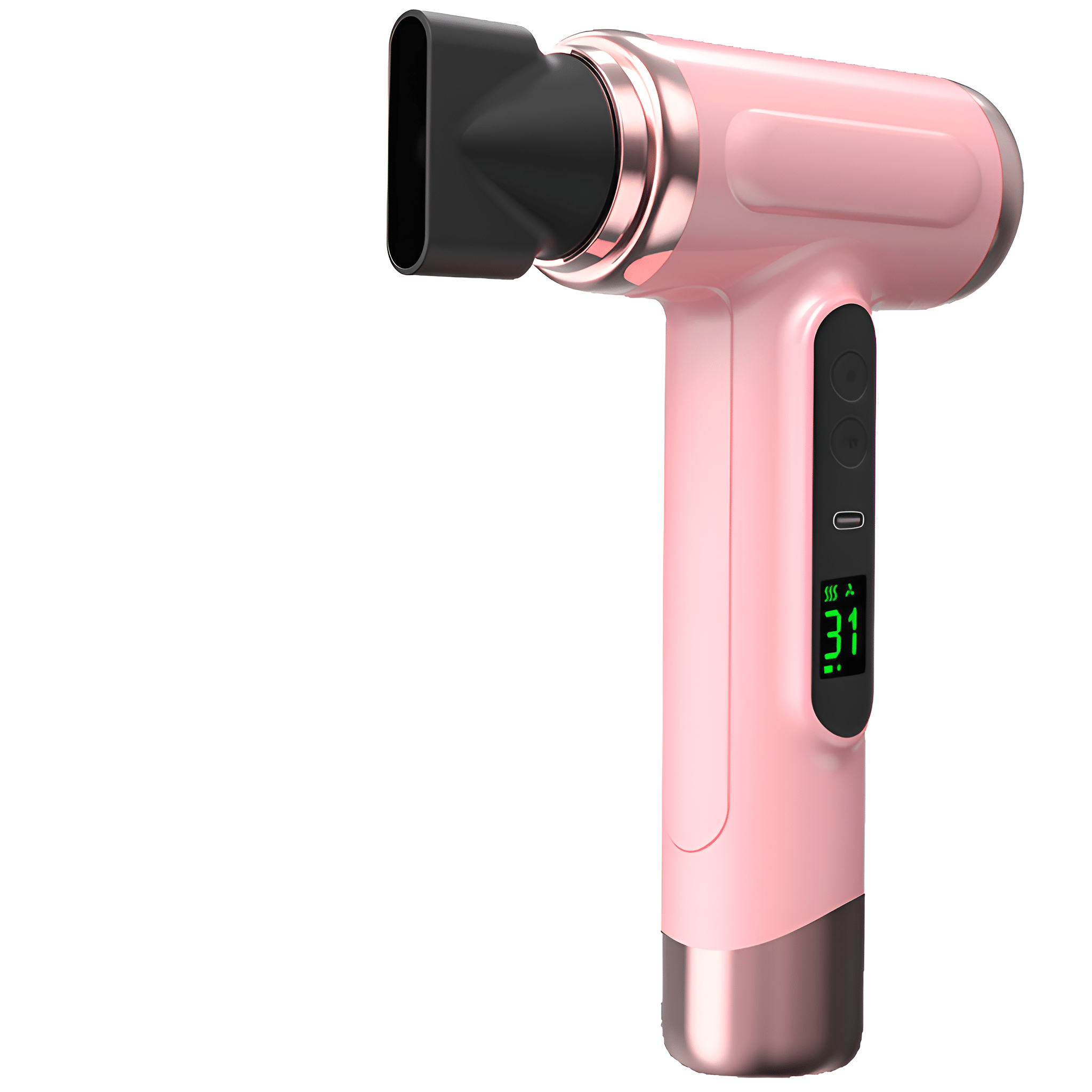 Eine pinkfarbene Massagepistole mit schwarzer Düse. Sie hat eine Digitalanzeige mit der Zahl 31.