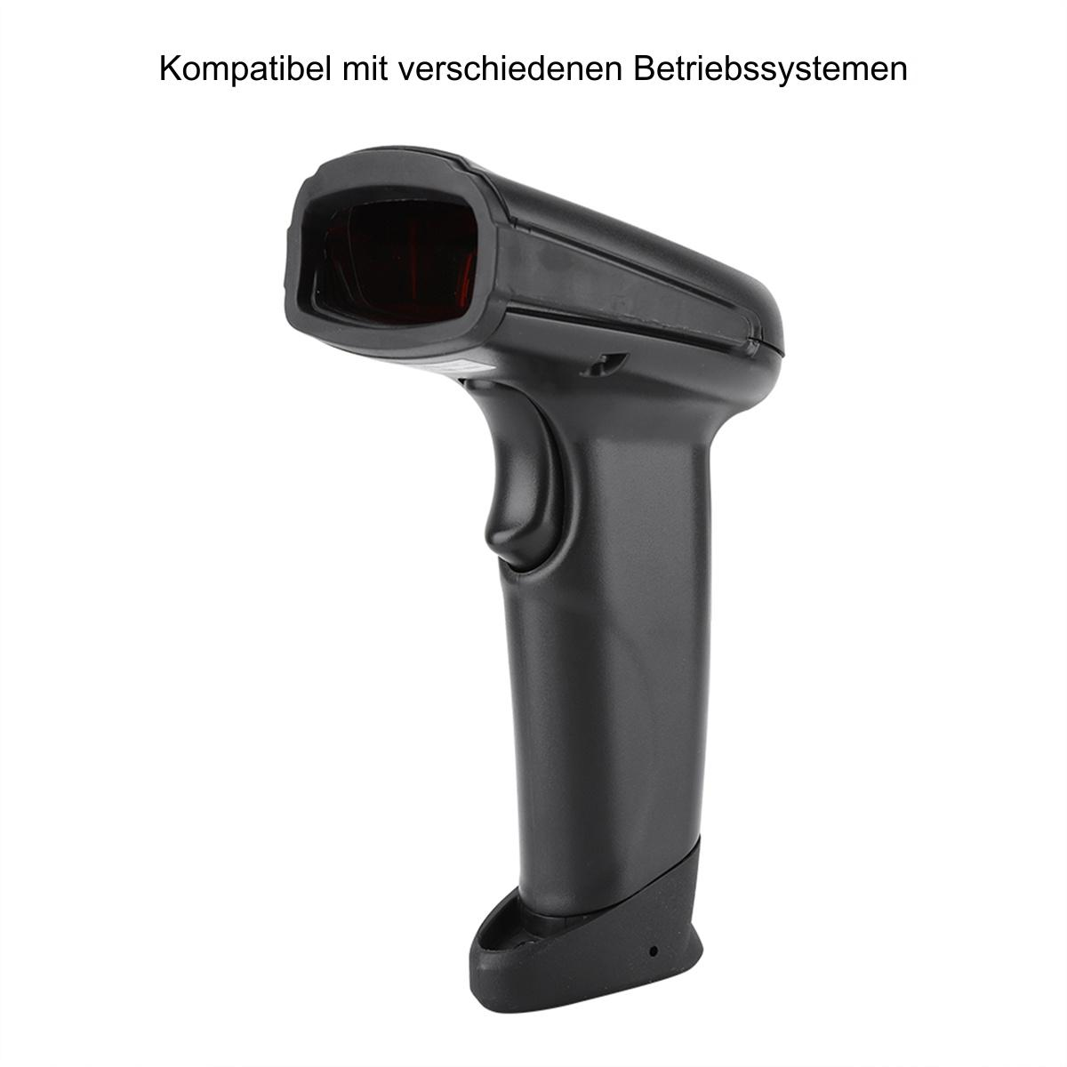 Schwarzer Barcodescanner. Text: Kompatibel mit verschiedenen Betriebssystemen. Weißer Hintergrund.