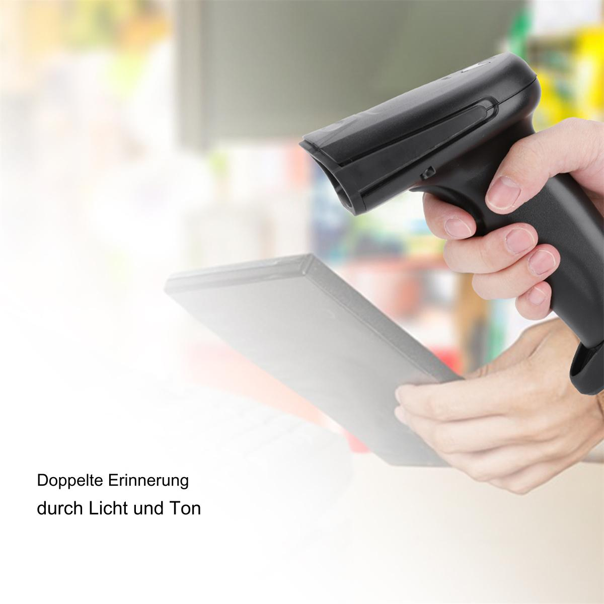 Hand, die einen schwarzen Scanner über einem weißen Tablet hält. Verschwommener Hintergrund.