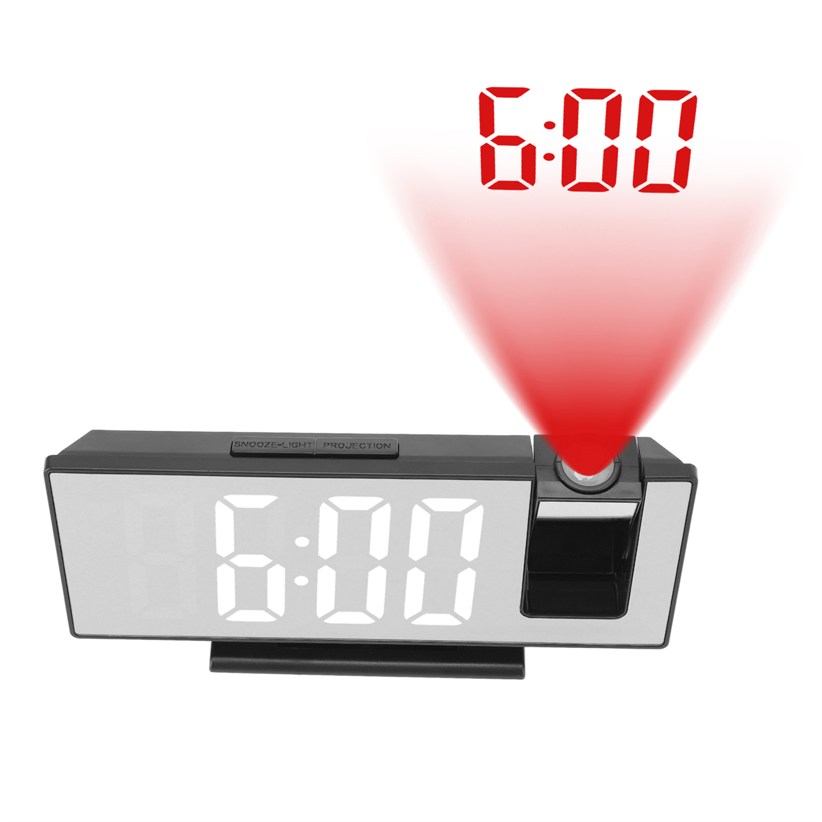 Ein schwarzer digitaler Wecker mit roter Zeitprojektion an der Wand, die 6:00 Uhr zeigt, auf weißem Hintergrund.
