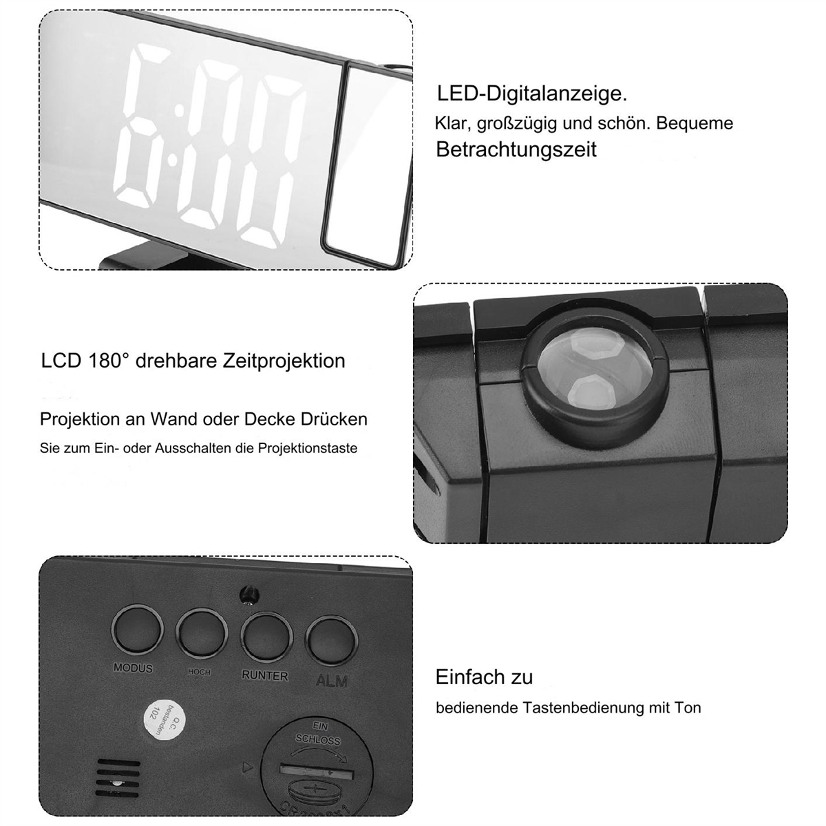 Nahaufnahme einer schwarzen Digitaluhr mit Funktionen wie Zeitprojektion und Knöpfen.