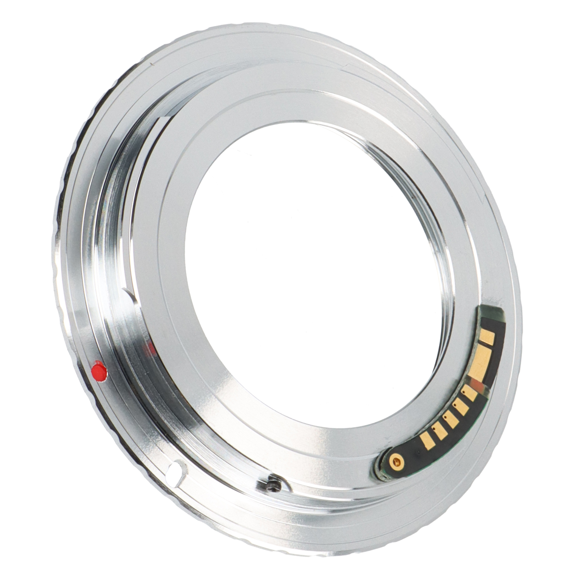 Silberner Kameraobjektiv-Adapterring mit Goldkontakten und einem roten Punkt am äußeren Rand.
