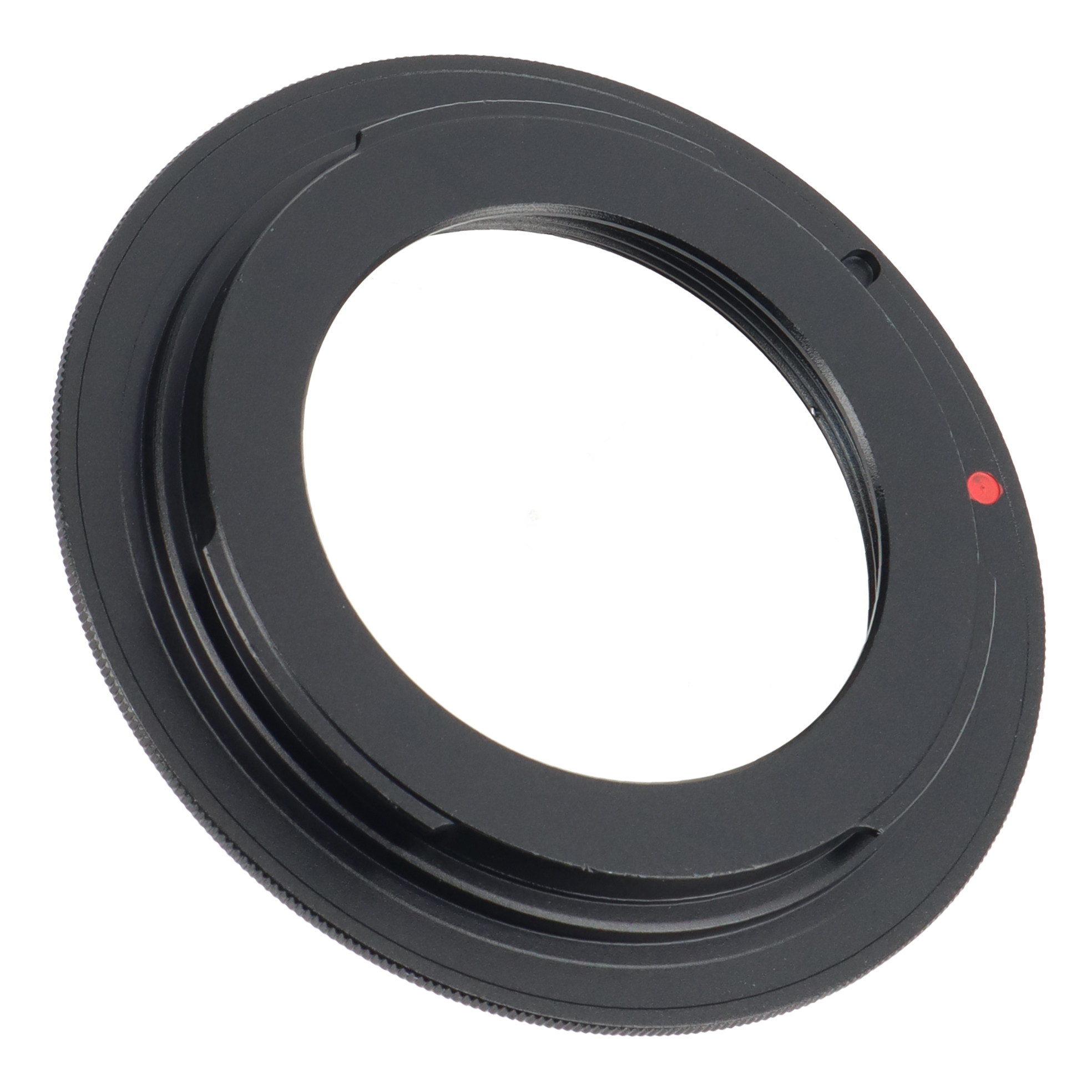Schwarzer Kameraobjektivadapterring mit rotem Punkt und kreisförmigem Design.