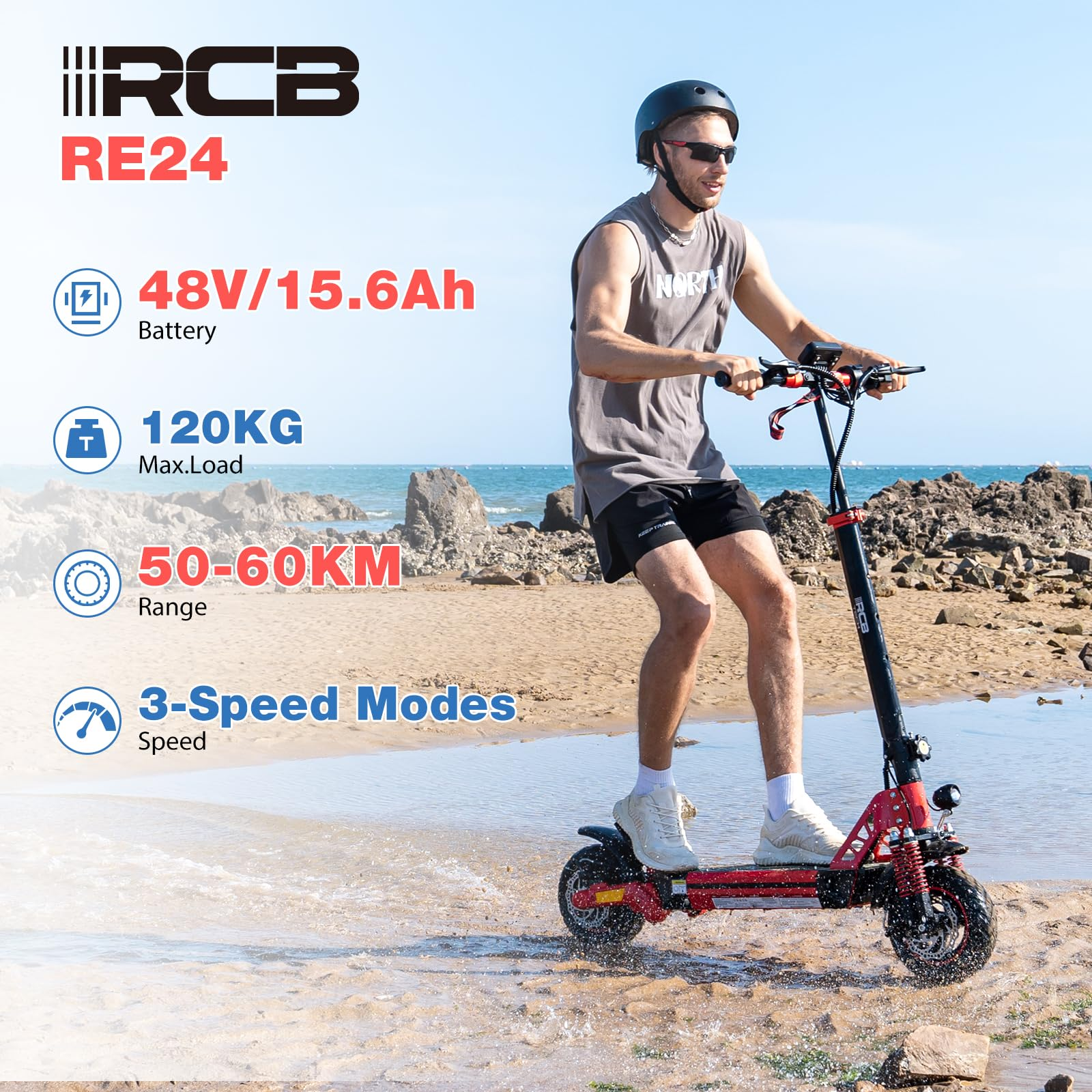 Un hombre monta un patinete eléctrico rojo y negro en una playa. Hay etiquetas de texto visibles.