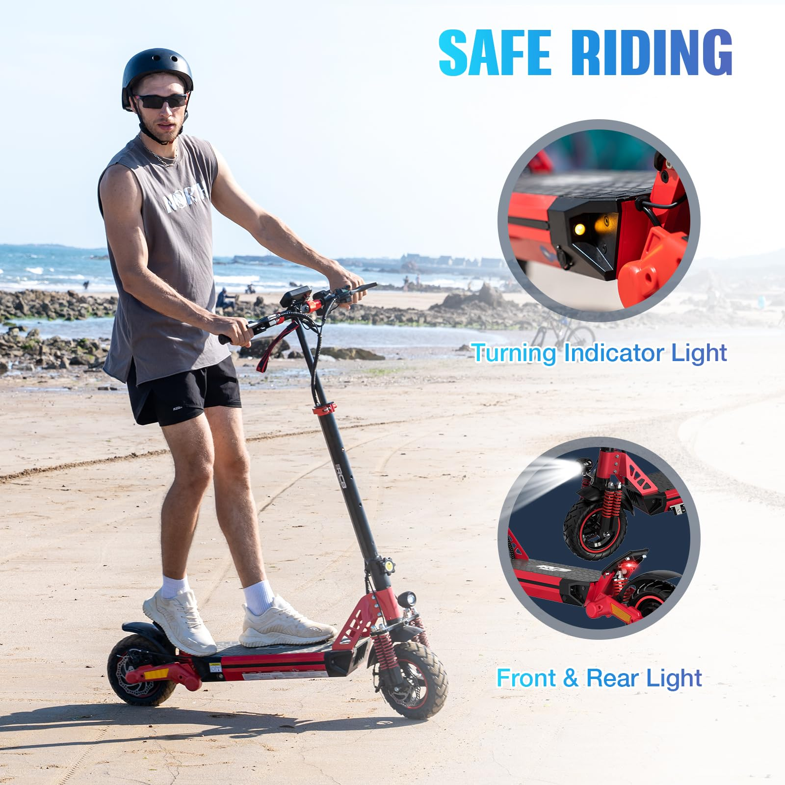 Hombre en la playa con patinete eléctrico rojo y negro. Incluye primeros planos de luces e intermitentes.