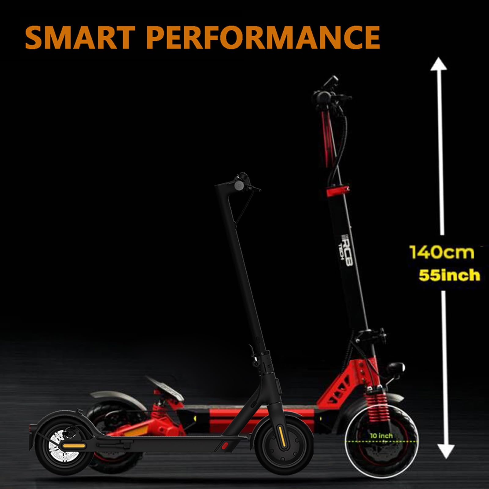Patinete eléctrico negro y rojo, altura 140 cm, rueda de 10 pulgadas, sobre fondo negro.