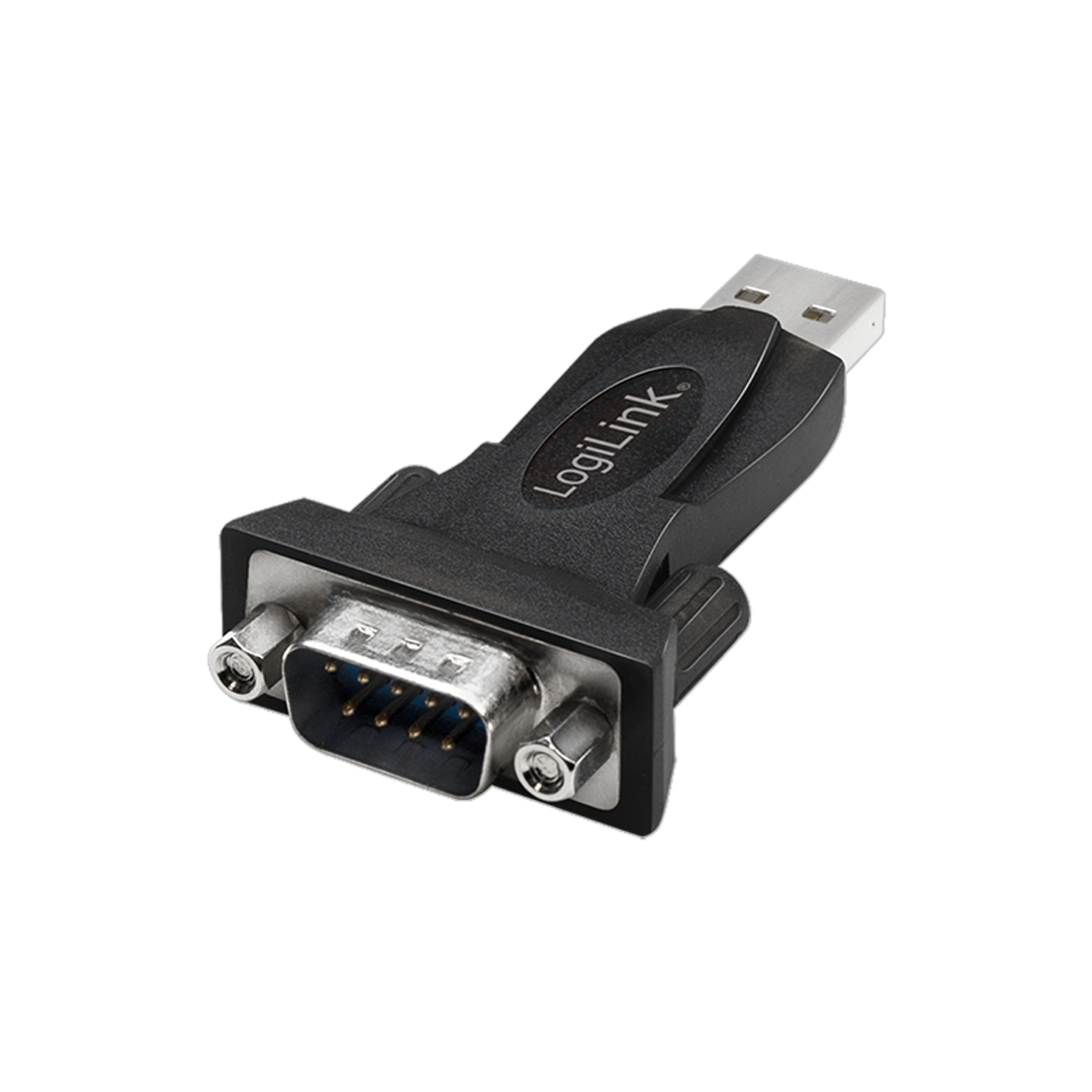 Ein schwarzer USB-zu-Seriell-Adapter. Er hat einen USB-Anschluss und einen seriellen Anschluss.