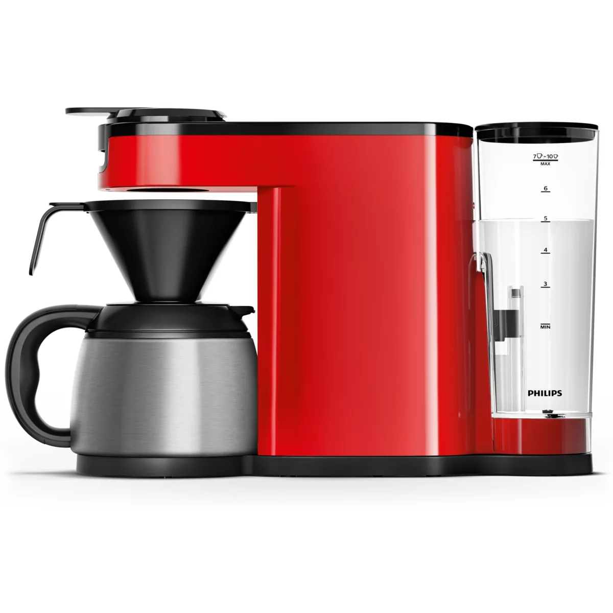 Rote und schwarze Kaffeemaschine mit Edelstahlkanne und Wasserbehälter.