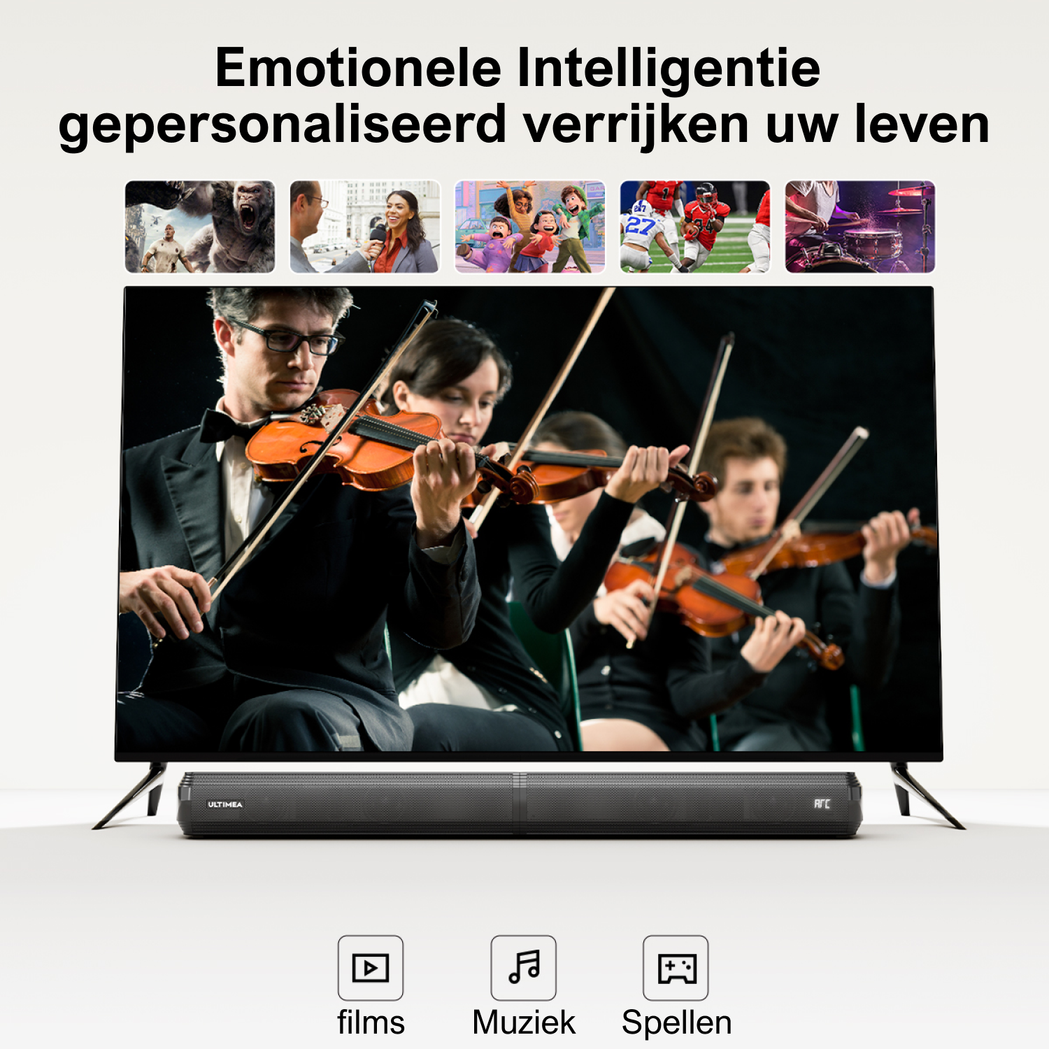 Un écran de télévision affiche des images. Une barre de son est devant. Des icônes de films, de musique et de jeux sont présentes.